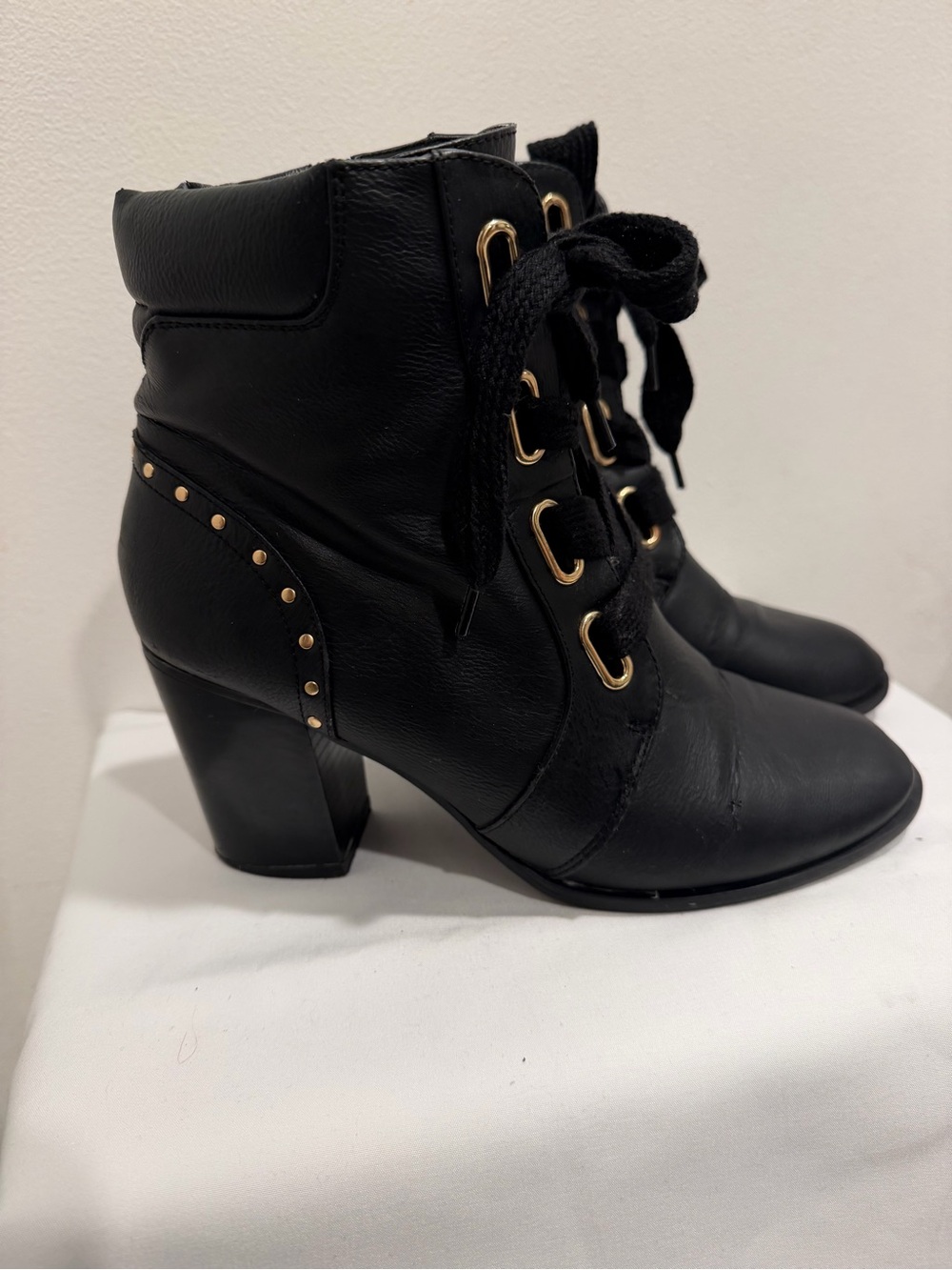 Black Lace-Up Ankle Boots with Gold Accents - Women